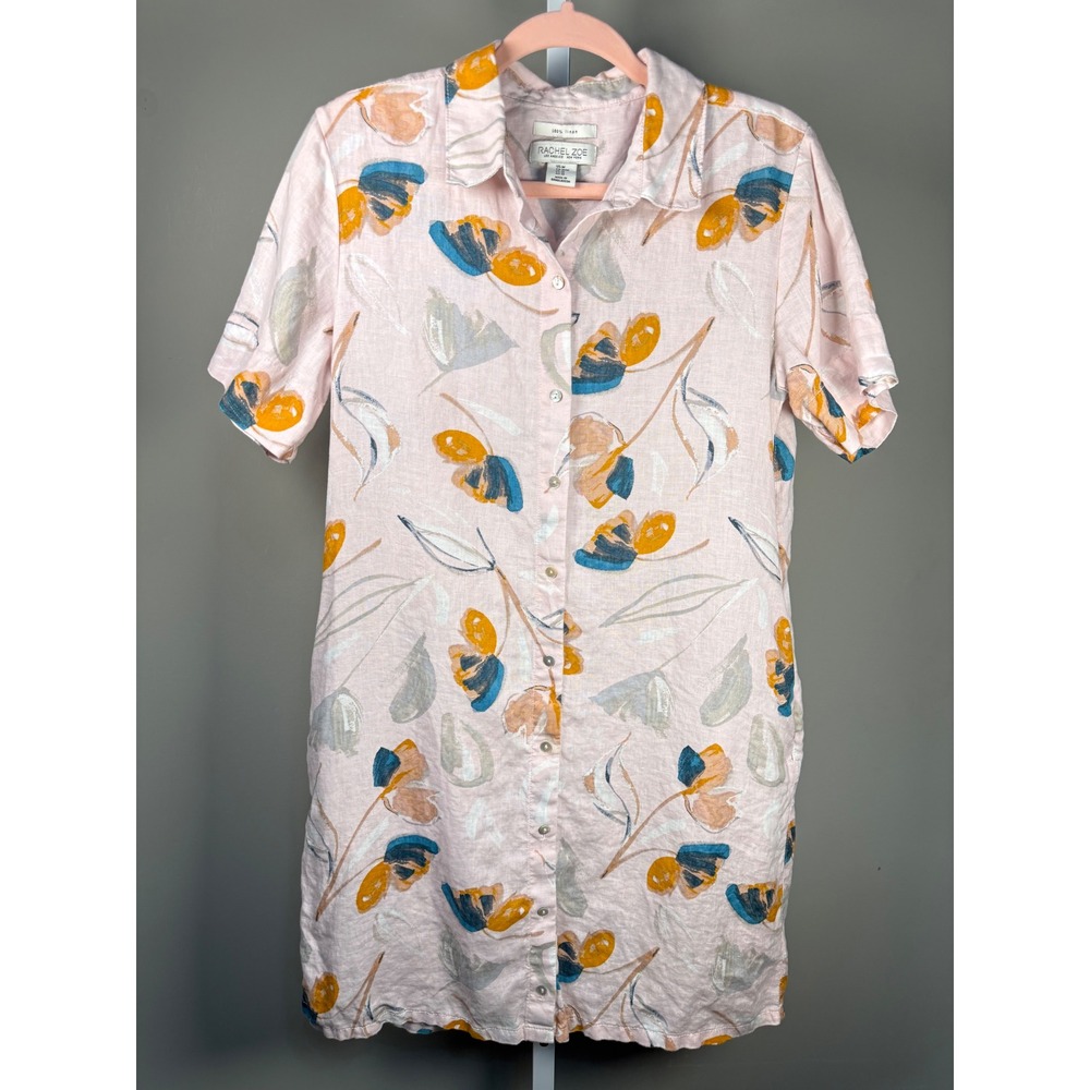 Rachel Zoe Linen Floral Shirt Dress Pink Button Front Coastal Chic Art Teacher M - Picture 2 of 10